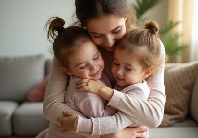 Mother hugging two children